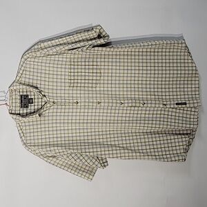 Men's U.S. Expedition Tan/Blue Plaid Button-Down, Short-Sleeved Shirt, Size Lg